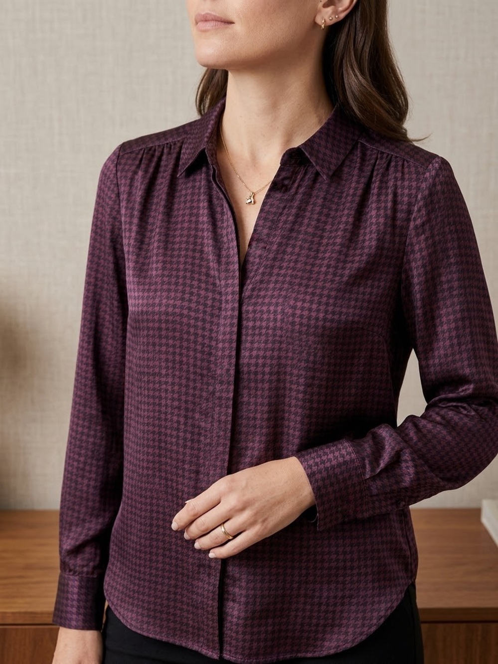 Joie Mintee Houndstooth Women’s Size L US Band Collar Long Sleeve Blouse Purple